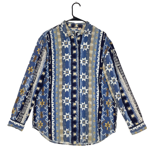Vintage Crossroads Womens Western Button Front Shirt M Aztec Blue Geometric - Picture 1 of 6